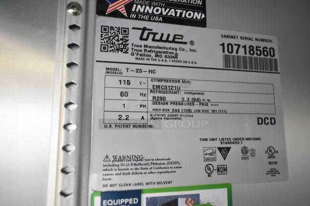 Label of 2023 True T-23-HC Cooler, 115V, 1 Phase. Features R290 refrigerant, compressor model EMC3121U, patents noted.