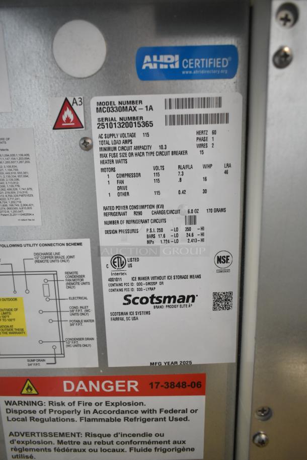 Scotsman MC0330MAX-1A ice machine label; AHRI, NSF certified; 115 volts; warning about flammable refrigerant; manufactured 2025.
