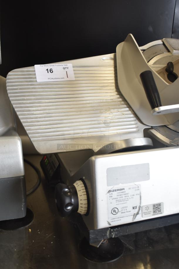 Bizerba SE 12 D US commercial meat slicer with blade sharpener, 120 volts, 1 phase. Visible controls and label on base.