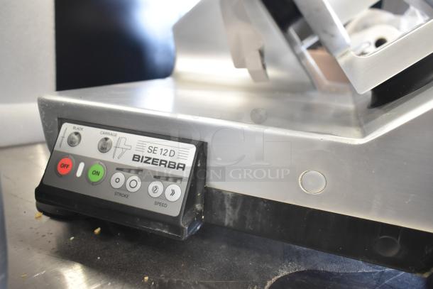 Bizerba SE 12 D US Commercial Meat Slicer with blade sharpener, 120 Volts, 1 Phase, control panel visible, good condition.