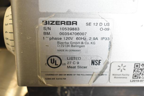 Bizerba SE 12 D US Commercial Meat Slicer label showing model, serial number, 120V, 1 Phase, UL, NSF certified.