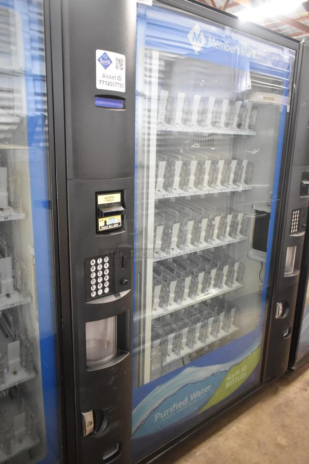 Crane 5800-4 metal vending machine for bottled drinks, with bill acceptor. Model 5800-4, 115V, 1 phase, commercial use, good condition.
