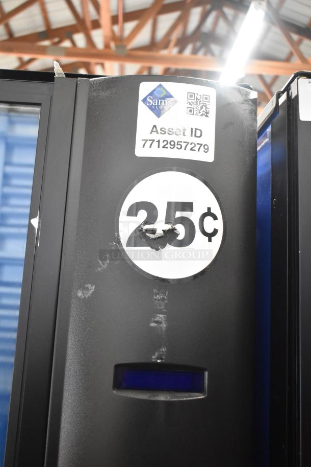 Crane 5800-4 metal drink vending machine with bill acceptor, 115 volts, 1 phase. Features 25¢ sticker and Asset ID label.