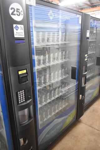 Crane 5800-4 metal drink vending machine with bill acceptor. Features display window, keypad, and slots for bottles. 115V, 1 phase.