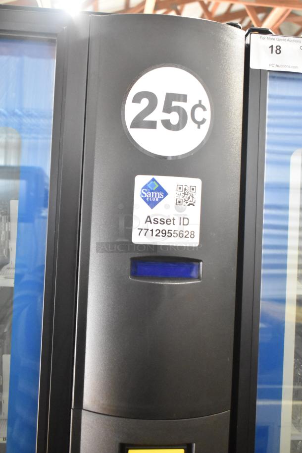 Crane 5800-4 metal vending machine with bill acceptor, 25¢ price, Sam's Club Asset ID 7712955628 displayed.