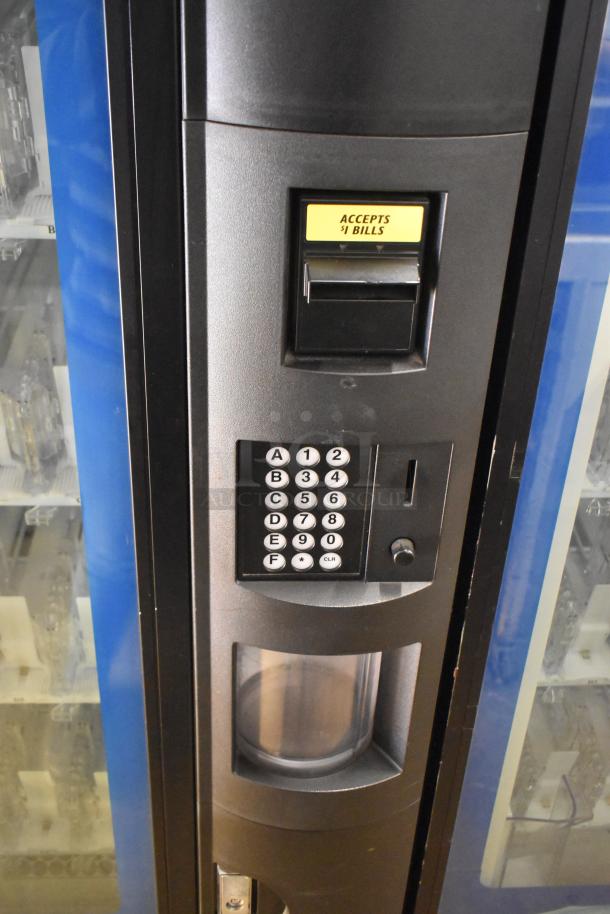 Crane 5800-4 metal drink vending machine with bill acceptor, keypad, and product window. 115V, 1 phase, commercial use.