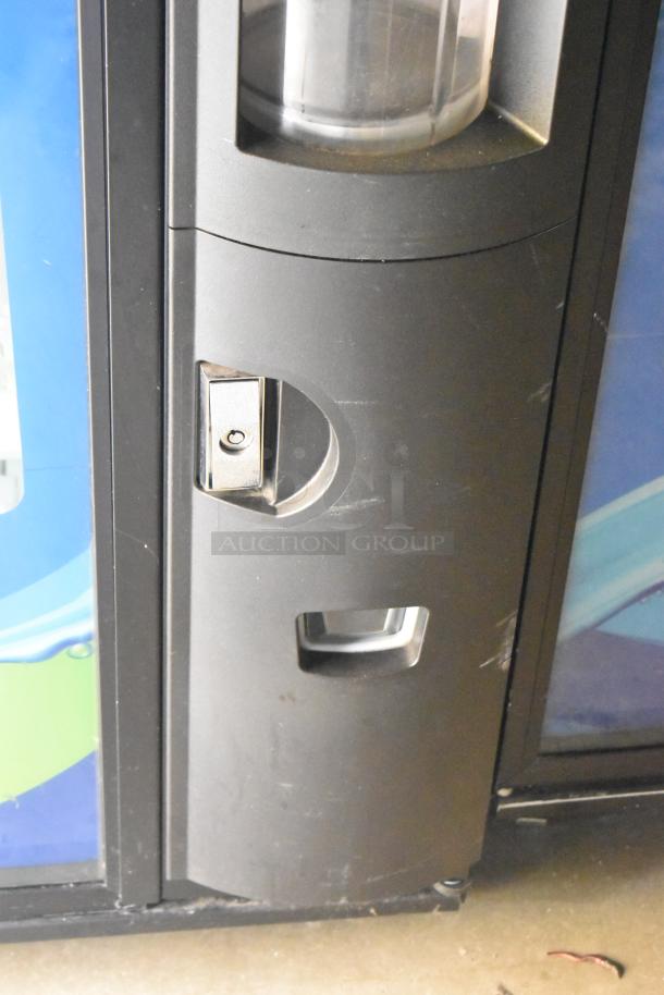 Crame 5800-4 metal commercial drink vending machine, with bill acceptor, 115 volts, 1 phase, visible door lock.