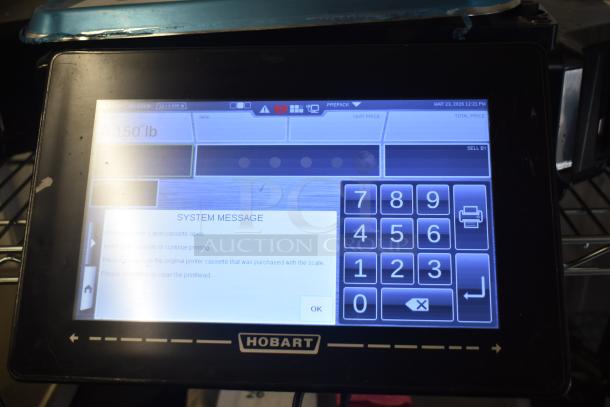 2018 Hobart HTi-7LH26 commercial scale, touchscreen display, tested working, 120/208-240V, 1 phase, visible system message.