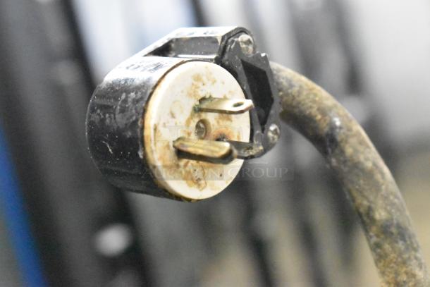 Moline Commercial Floor Style Dough Sheeter plug detail, showing 125V, 1 Phase plug on commercial casters for easy mobility.