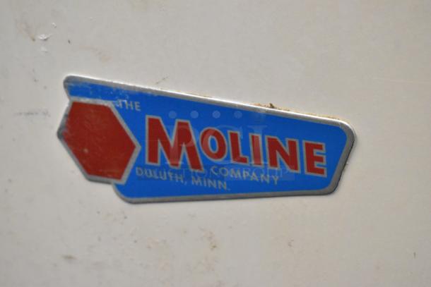 Moline Commercial Dough Sheeter, floor style, on casters, 125 volts, 1 phase, features Moline Company logo from Duluth, Minn.