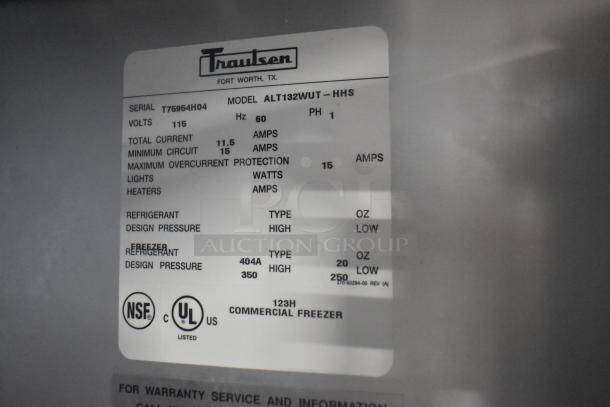 Traulsen ALT132WUT-HHS freezer label showing serial T75954H04, 115V, 1 phase, 11.5 amps, refrigerant 404A with 20 oz capacity.