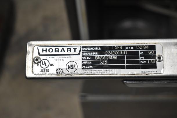 2018 Hobart LXER commercial undercounter dishwasher label, showing model, serial number, voltage, and certification marks.