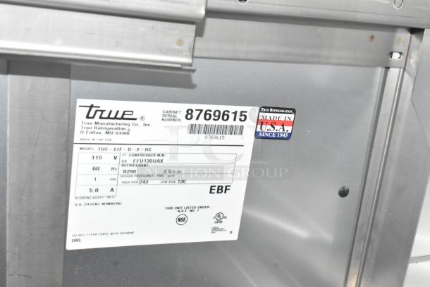 2016 True TUC-27F-D-2-HC undercounter freezer label, 115V, 1 phase, showing serial number and "Made in USA" mark.