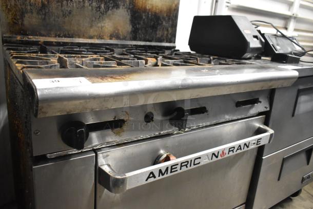 American Range AR-6 commercial gas-powered 6-burner range with oven, overshelf, and backsplash. Visibly used condition.