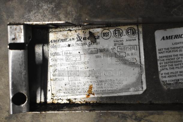 American Range AR-6 Commercial Gas Range label showing model info and specifications.
