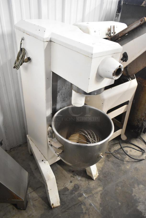 Univex M30 commercial 30-quart planetary dough mixer with bowl and whisk, 115 volts, 1 phase, white, visible wear.