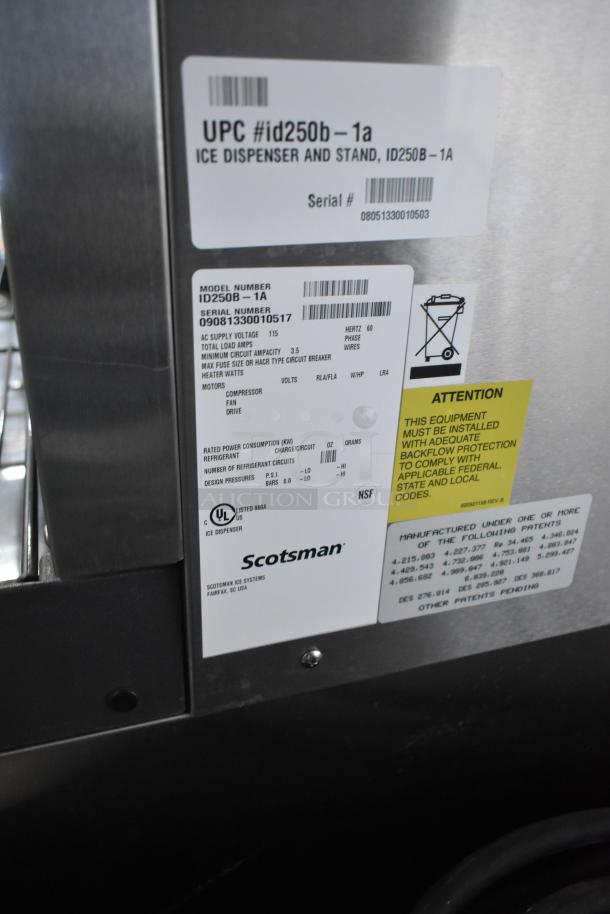 Scotsman ID250B-1A commercial countertop ice machine dispenser, 115V, 1 phase, model and serial labels visible, stainless steel.