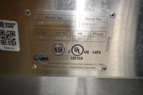 Late model JBT 2ND-GEN-MFJ-HE citrus juicer; commercial floor style on casters, 115V, 1 phase, NSF and UL listed.