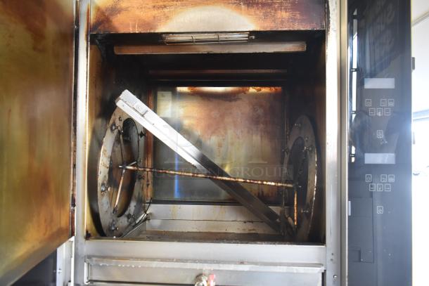Fri-jado TDR7+7 P electric rotisserie oven, commercial floor style, visible wear, broken glass, 208V, 3 phase, on casters.