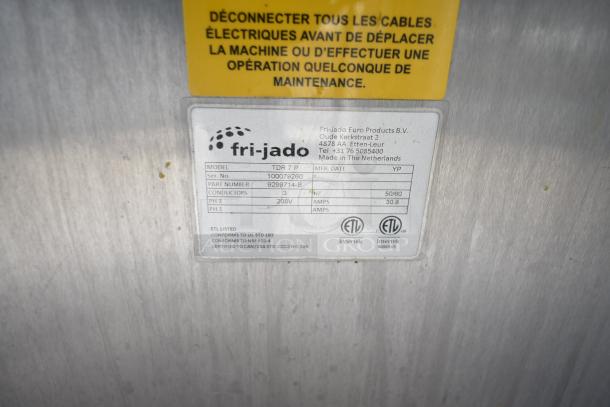 Fri-jado TDR7P rotisserie oven label. Model, serial number, power specs, and ETL certification details visible.