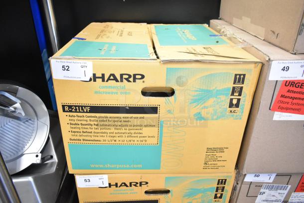 2022 Sharp R-21LVF Commercial Microwave Oven in original packaging, features Auto-Touch controls, 120V, 1 Phase.
