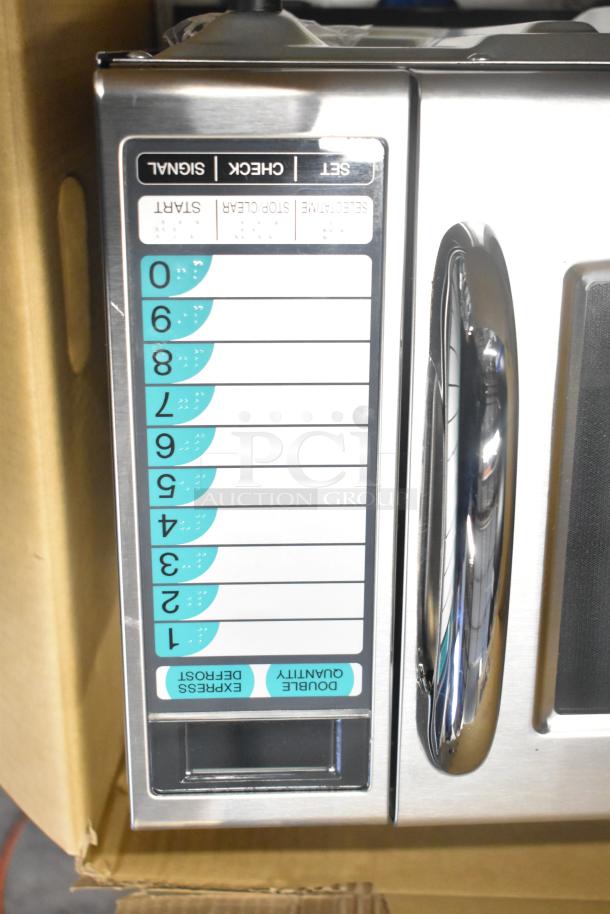 2022 Sharp R-21LVF commercial microwave oven, features keypad, 120 volts, 1 phase, stainless steel, like new condition.