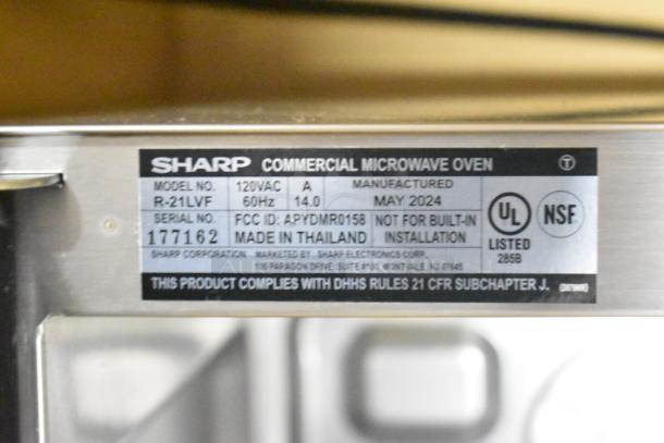 2024 Sharp R-21LVF Commercial Microwave Oven, 120 Volts, 1 Phase; label indicating model, voltage, and manufacture date.