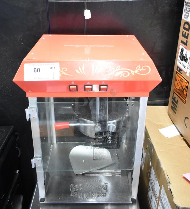 Great Northern Co 83-DT5634 countertop popcorn machine, red top, glass panels, controls on front, 120V, 1 phase.
