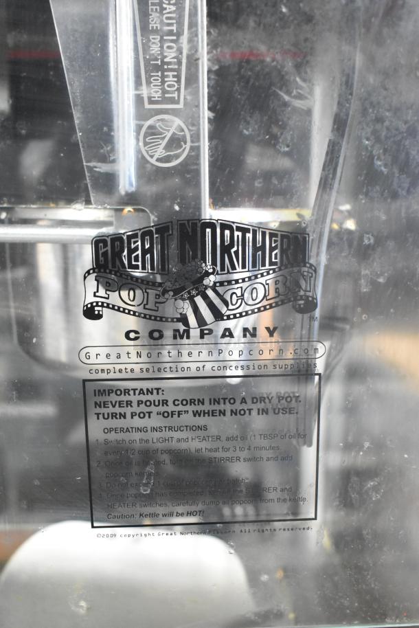 Great Northern Co 83-DT5634 Countertop Popcorn Machine, 120 Volts, 1 Phase, detailed operation and safety instructions visible.