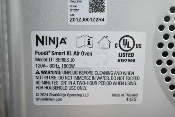 Ninja DT SERIES J0 Countertop Foodi Smart XL Air Oven label, 120V, 1800W, with safety warnings and made in Thailand.