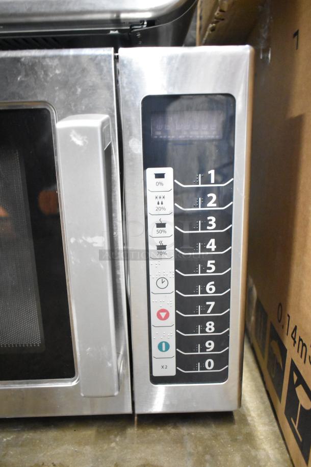 2019 Amana RCS10TS commercial countertop microwave, 120 volts, showing keypad with power levels and timer settings.