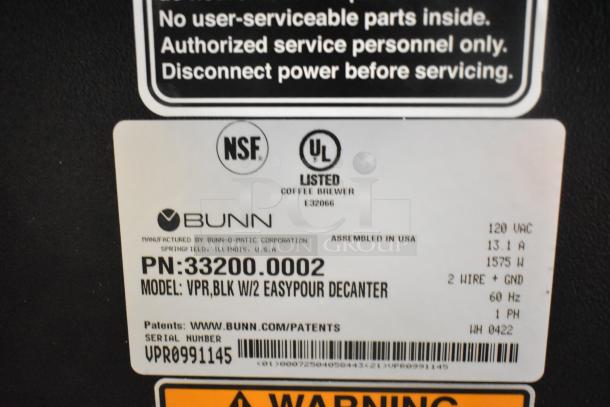 2022 Bunn VPR countertop coffee machine label showing 120V, model VPR, serial VPR0991145, NSF and UL listed.