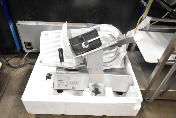 Bizerba GSP HD Commercial Meat Slicer, 120 Volts, 1 Phase, in good condition. Tags indicate model and voltage details.