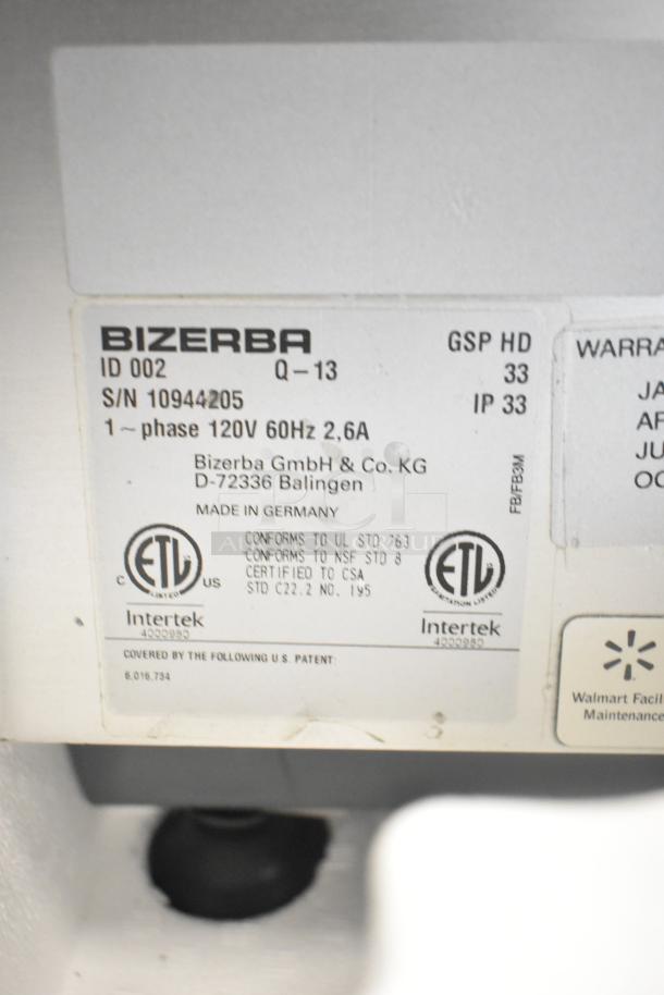 Bizerba GSP HD Commercial Meat Slicer label. Shows model, 120V, 1-phase, certifications. Made in Germany.