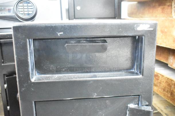 BRAND NEW scratch and dent 360 Office Furniture black steel depository safe, 14x14x20", electronic keypad lock, model 911DS202.
