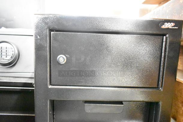 BRAND NEW 360 Office Furniture black steel depository safe, 14"x14"x27.25", electronic keypad, top locker, model 911DS272.