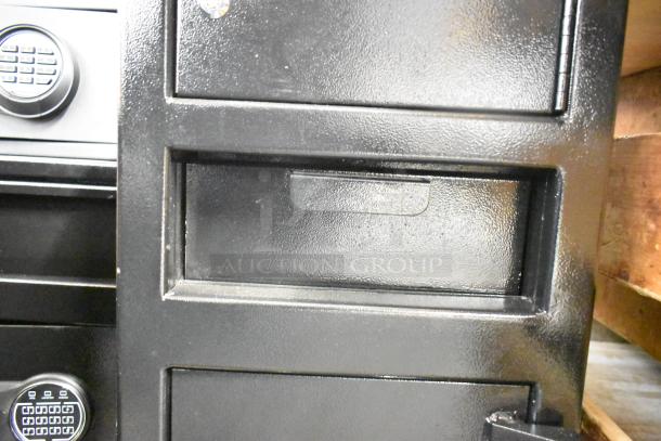 Brand new 360 Office Furniture black steel depository safe, 14"x14"x27.25", with electronic keypad lock and top locker.