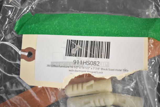 Brand new black steel hotel safe by 360 Office Furniture, model 911HS082, size 16.5"x14.5"x7.875", with electronic keypad lock. Tags visible.