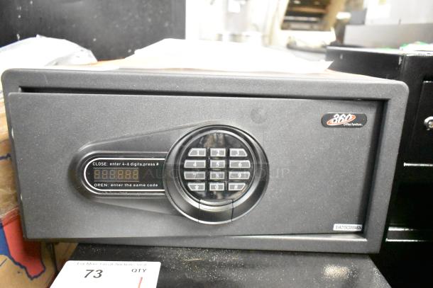Brand new black steel hotel safe by 360 Office Furniture, model 911HS082, with electronic keypad lock, 16 1/2" x 14 1/2" x 7 7/8".