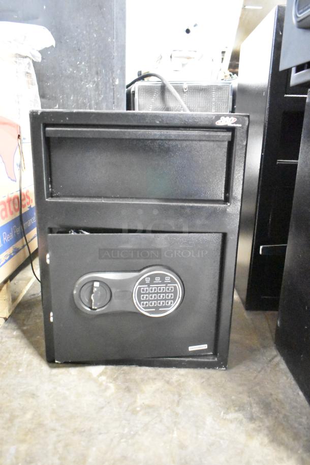 Black steel depository safe by 360 Office Furniture, 13.5"x11.75"x18", electronic keypad lock, new with scratch and dent.
