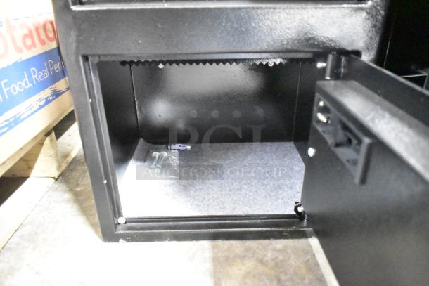 BRAND NEW 360 Office Furniture black steel depository safe, 13.5"x11.75"x18", with electronic keypad lock, model 911DS181.