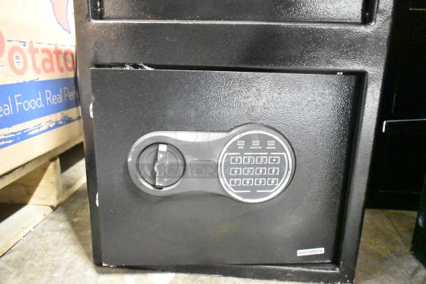BRAND NEW 360 Office Furniture 911DS181 Black Steel Depository Safe, 13.5"x11.75"x18", electronic keypad, minor scratches.