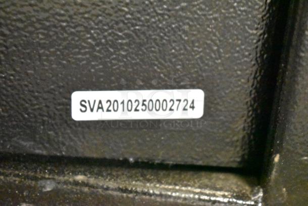 Black steel depository safe by 360 Office Furniture, model 911DS181, dimensions 13.5"x11.75"x18", with electronic keypad lock. New condition, visible serial number SVA2010250002724.