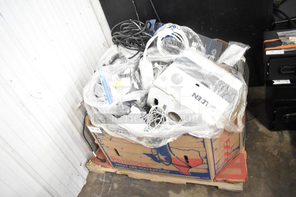 Pallet lot with Belden 1700A cable, Paige cable, and wires. Includes various cables and boxes in fair condition.