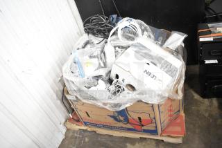 Pallet lot with Belden 1700A cable, Paige cable, and wires. Includes various cables and boxes in fair condition.