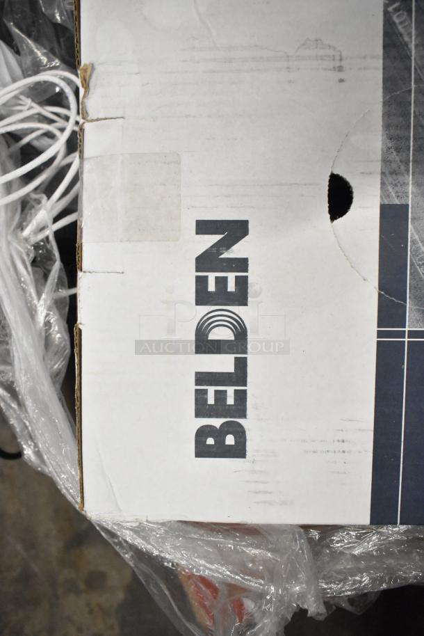 Pallet lot with box of Belden 1700A cable, Paige cable, and wires. Box labeled "Belden." Wrapped in plastic.