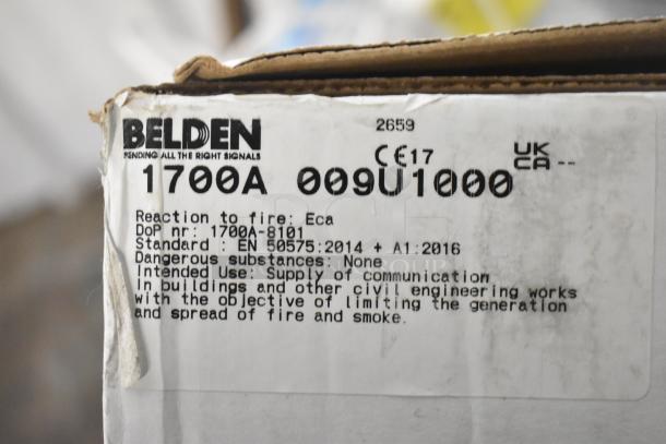 Belden 1700A cable box label showing standards, use for communication, and fire safety information.
