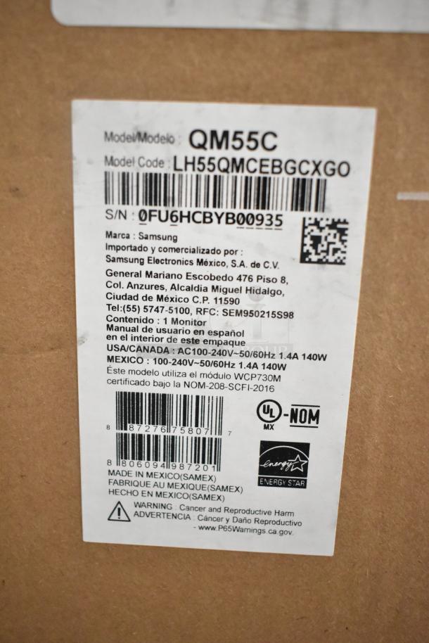 Original box label for Samsung QM55C 55" TV, model code LH55QMCEBGCXGO, includes energy and safety certifications.