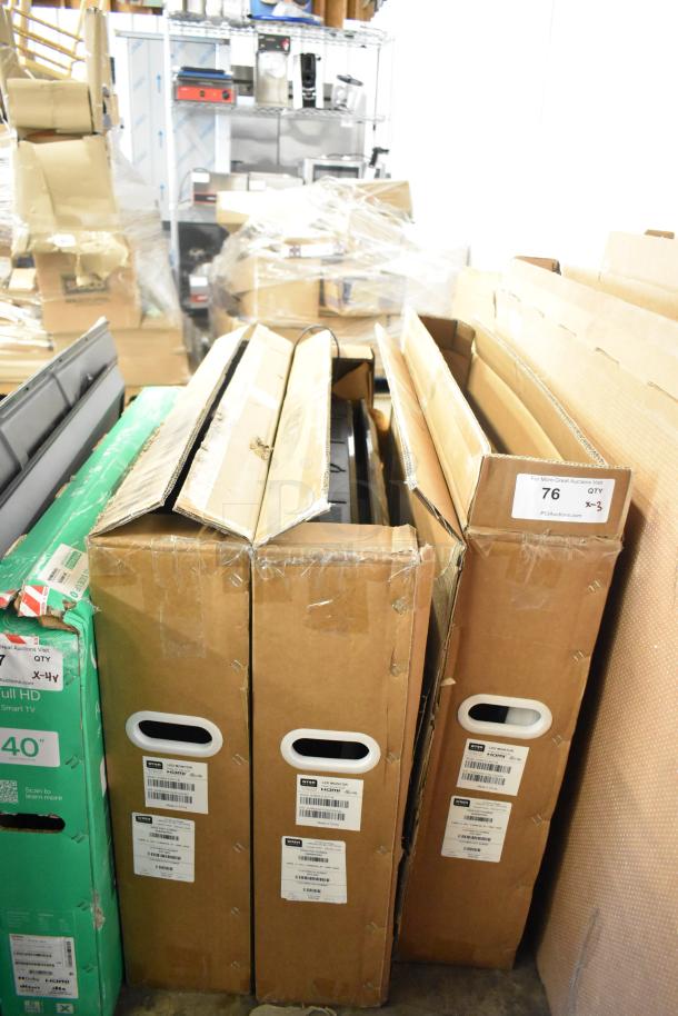 Three Wren GVM43-0-3017-B LED monitors in original boxes, labeled with model and HDMI details. Pick up required, no shipping.