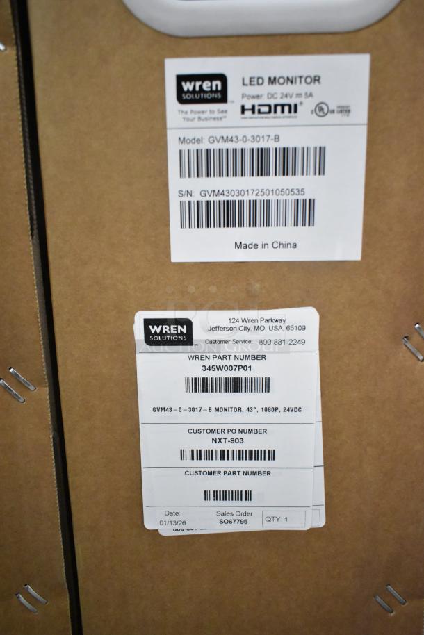 3 Wren GVM43-0-3017-B LED Monitors in original box, model info and tags visible, pickup only.